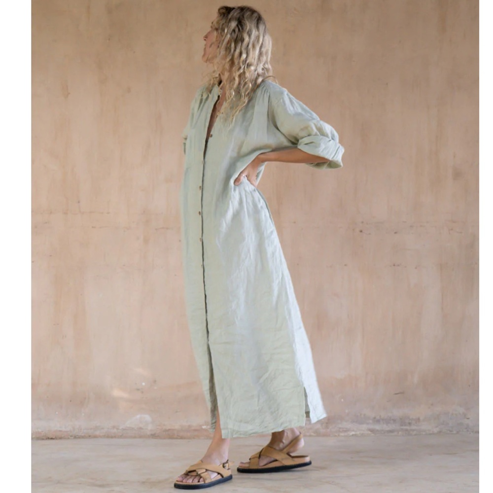 Malkia Shirt Dress Linen Sage Green Maxi